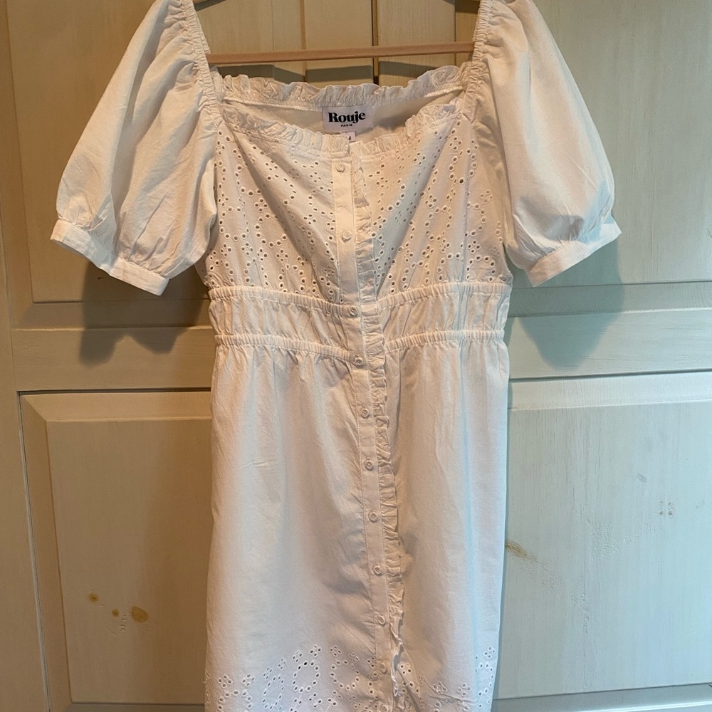 Rouje White Midi Sundress with Puff Sleeves and Square Neck